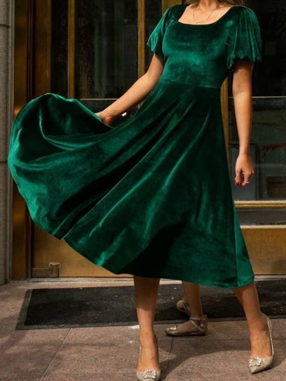 Ivy City Co Dark Green Velvet Midi Dress with Puff Sleeves
